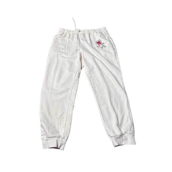 Keith Haring Pants - Keith Haring Women’s Large Cream Joggers Heart Graphic Sweatpants
